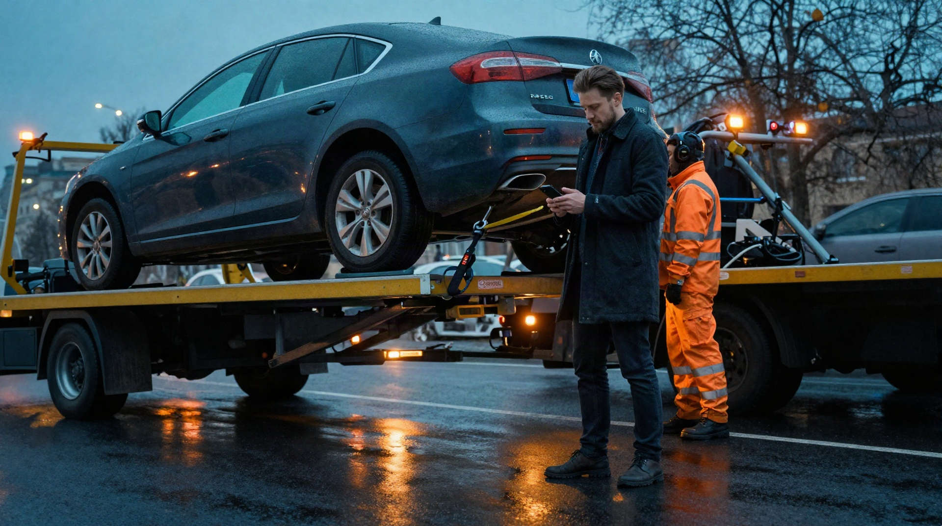 Эвакуатор выполняет частичную погрузку автомобиля с подхватом оси на мокрой дороге в Москве в сумерках